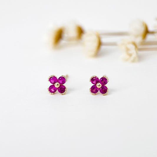 9K Real Solid Gold Pink Flower Stud Earrings