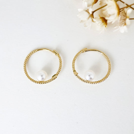 9K Real Gold Dainty Small Beaded Pearl Hoops