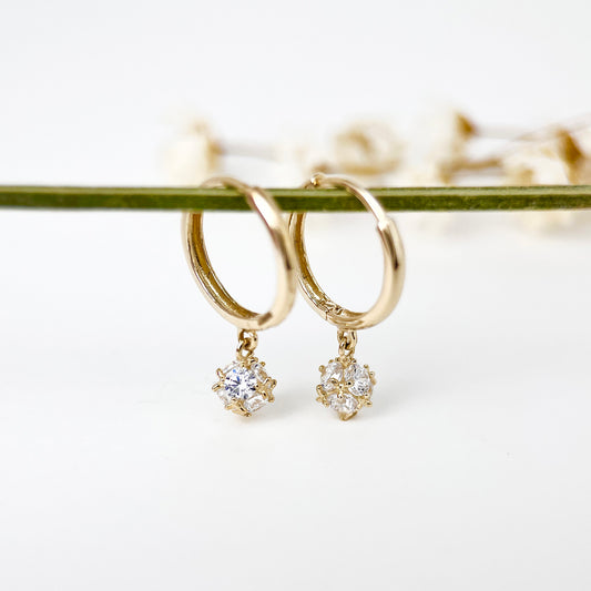 9K Solid Gold Dangle Diamond Charm Hoop Earrings