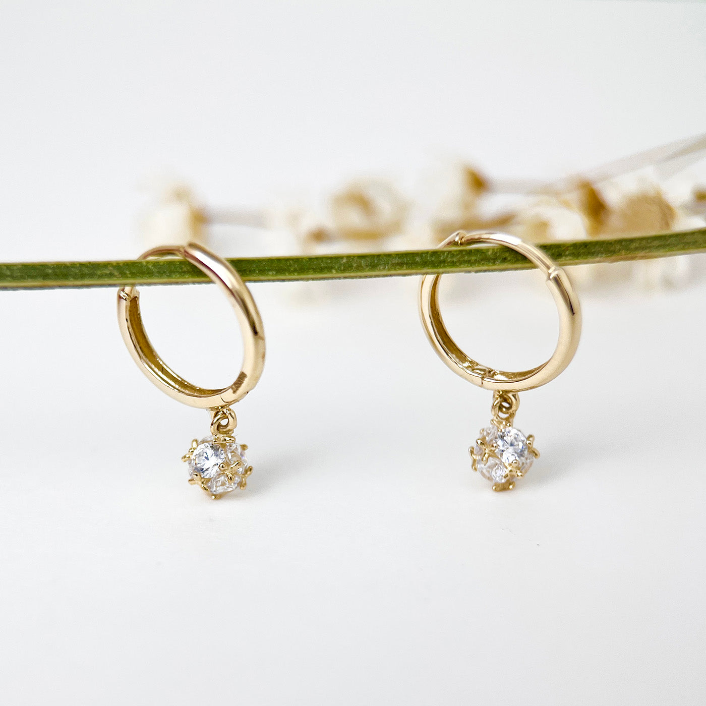 9K Solid Gold Dangle Diamond Charm Hoop Earrings