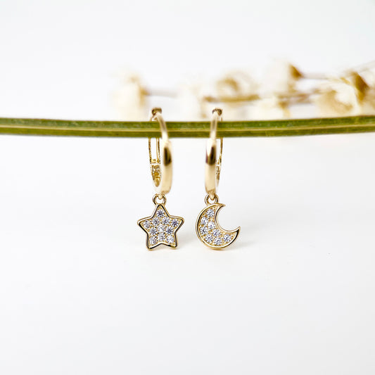 9K Solid Gold Moon Star Mismatched Charms Hoop Earrings