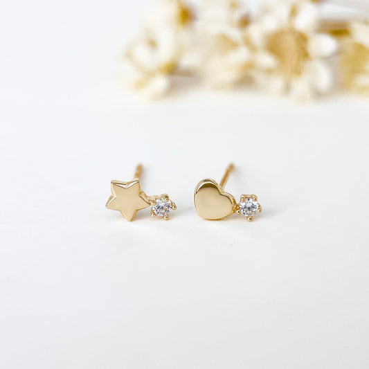 14K Solid Gold Star Heart Mismatched Stud Earrings