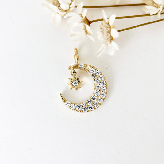 9K Solid Gold Star & Moon Pendant Necklace