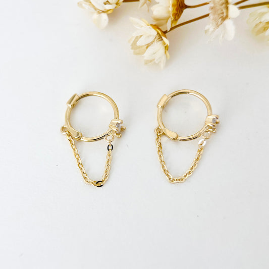 9K Solid Gold Dainty Drop Dangle Chain Small Hoop Earrings