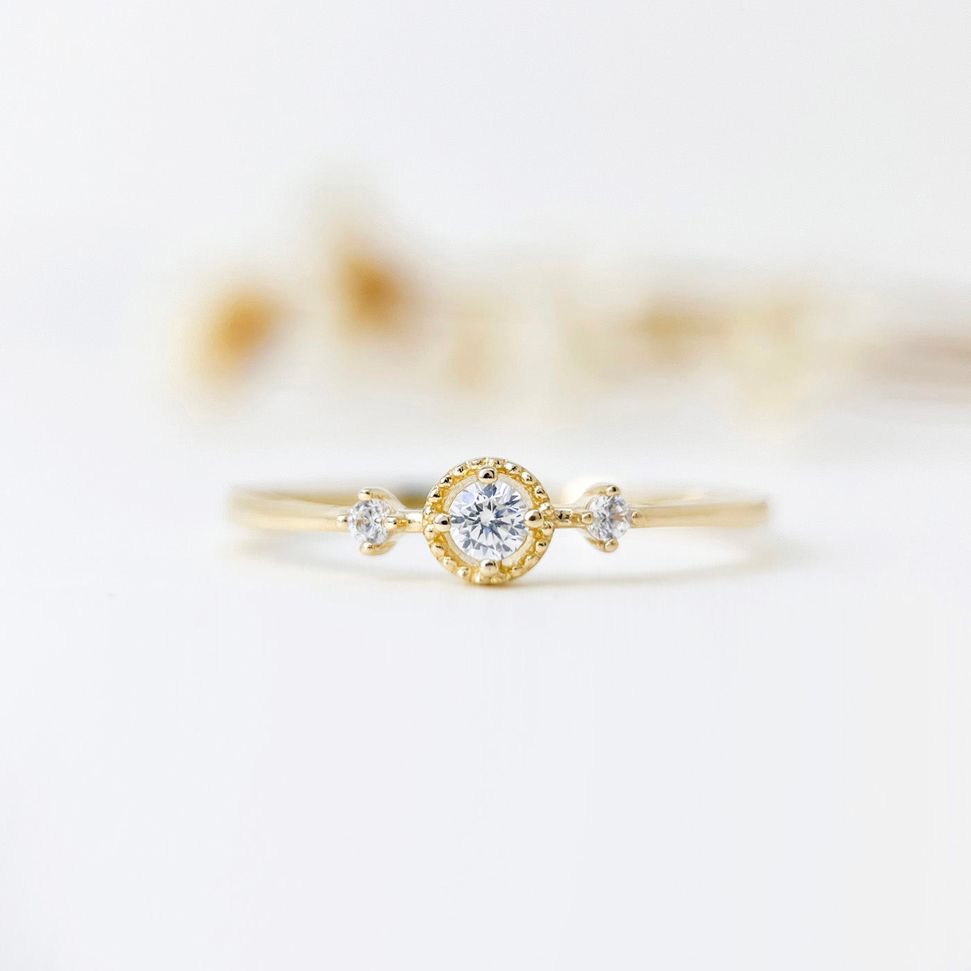 9K Solid Gold Three Stone Dainty Stackable Ring