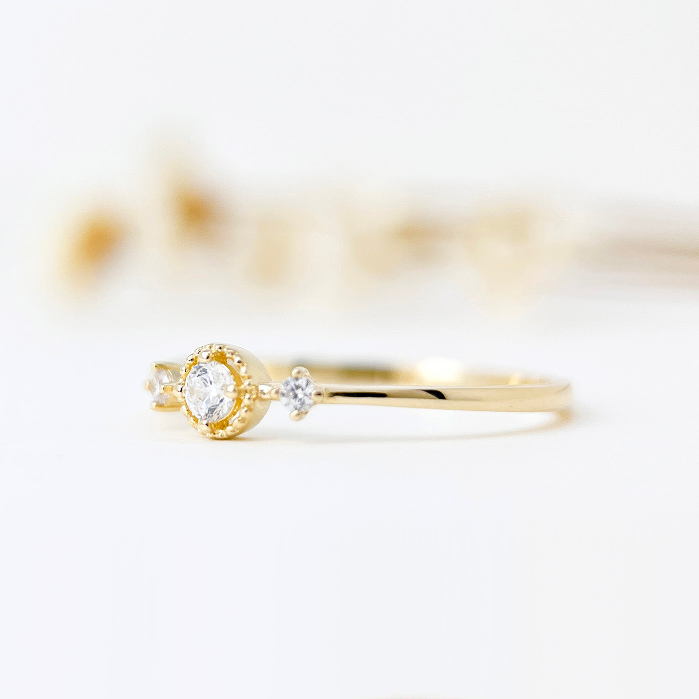 9K Solid Gold Three Stone Dainty Stackable Ring