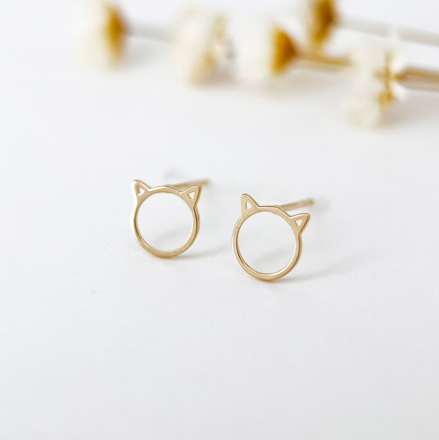 14K Solid Gold Kitten Stud Earrings