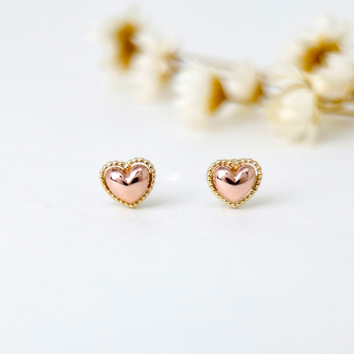 14K Solid Gold Rose Heart Stud Earrings