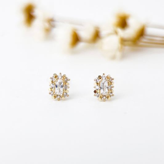 9K Solid Gold Elegant Baguette Gem Stud Earrings