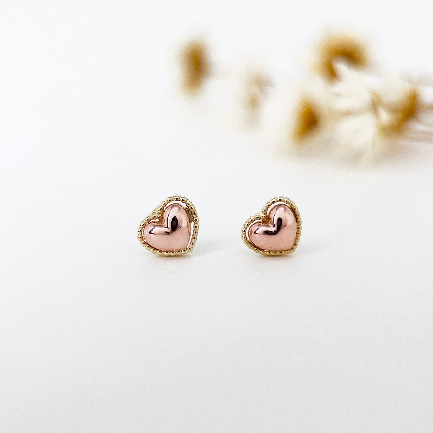 14K Solid Gold Rose Heart Stud Earrings