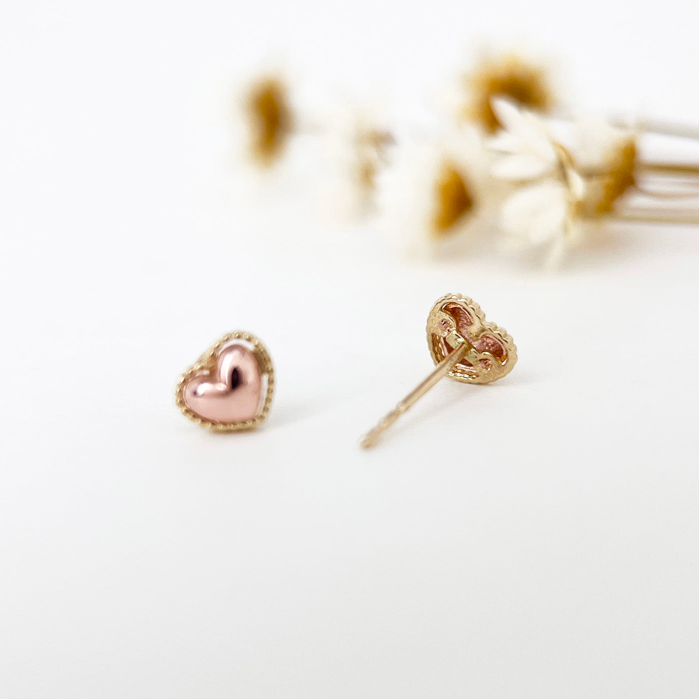 14K Solid Gold Rose Heart Stud Earrings