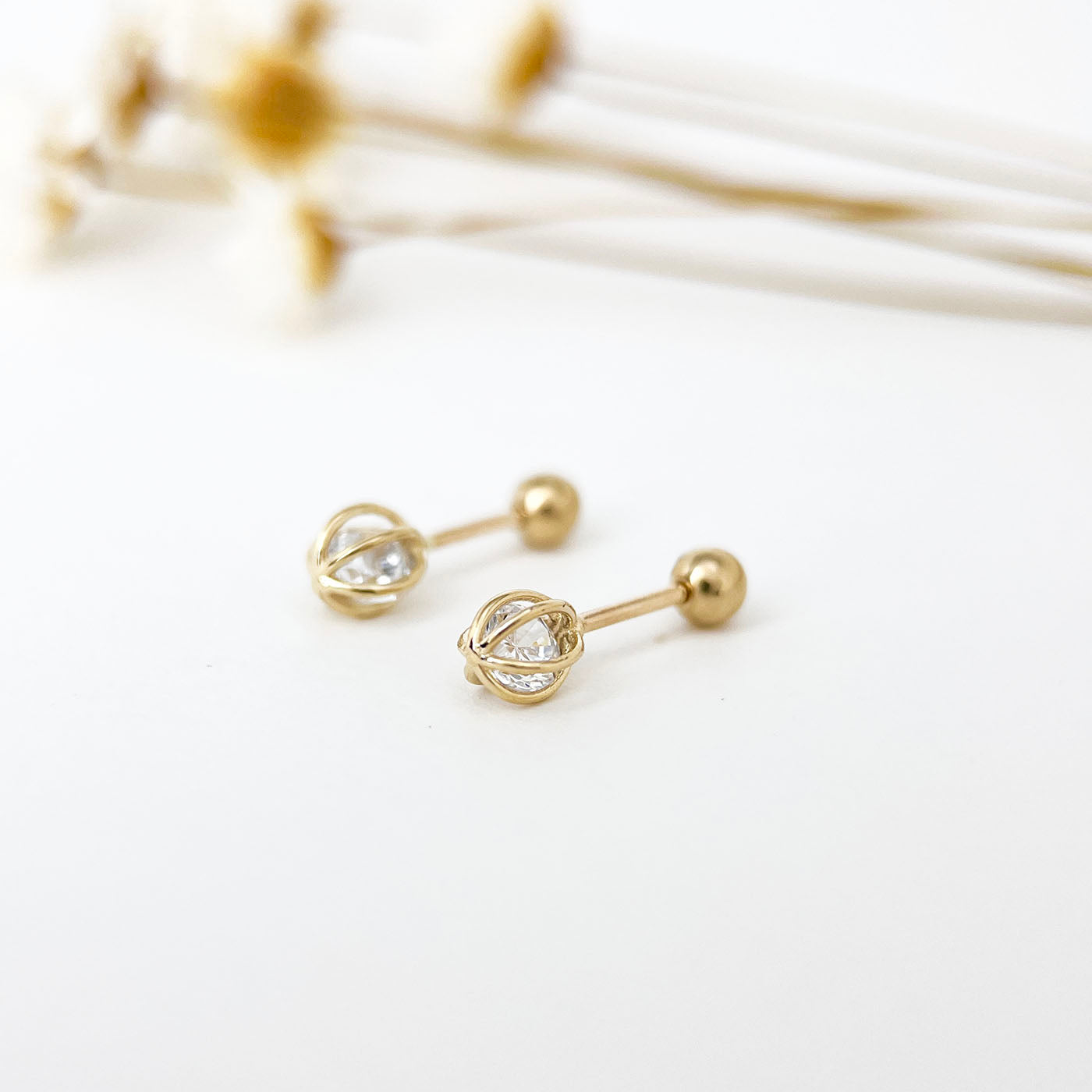 9K Solid Gold Dainty Ball Cage CZ Diamond Screw Back Stud Earrings