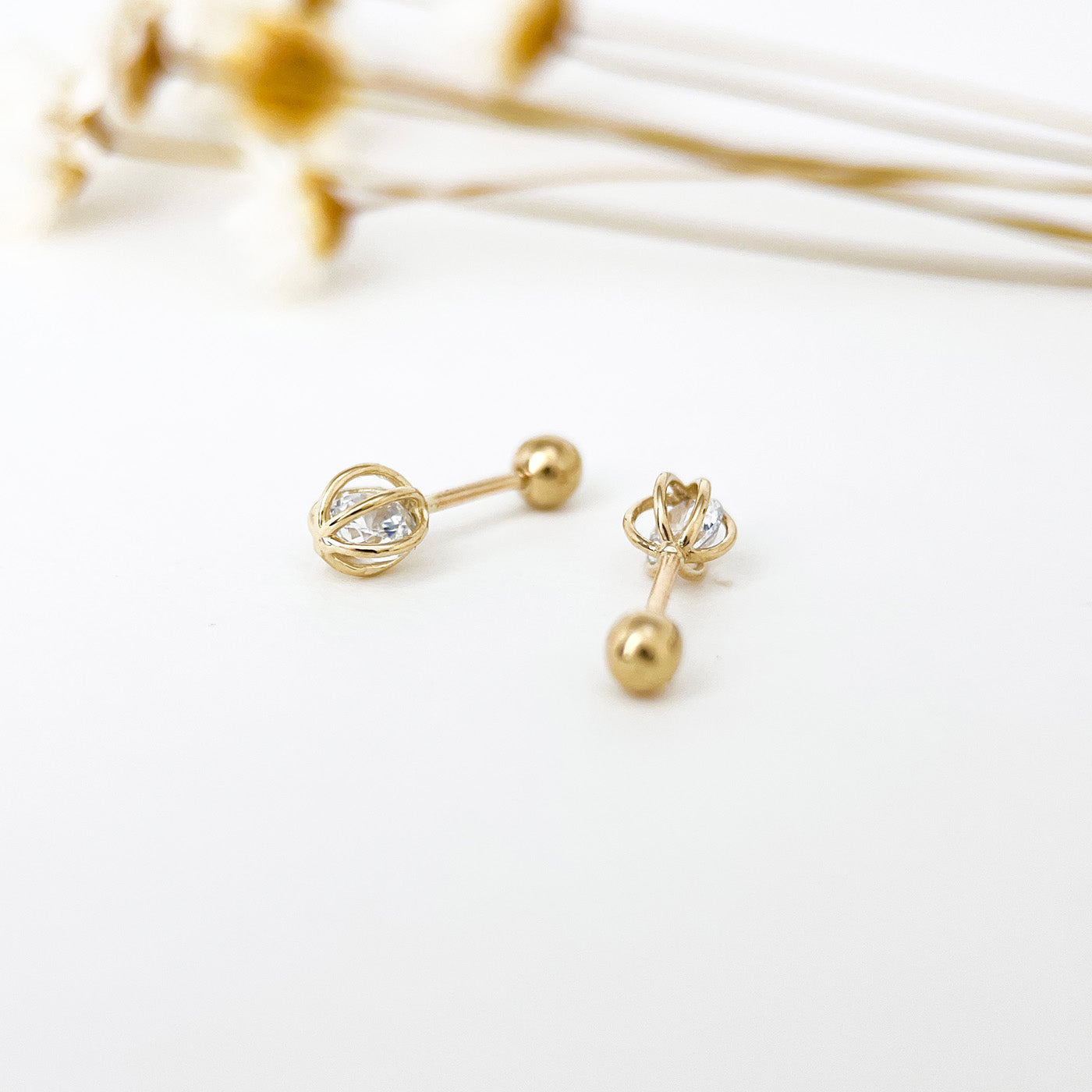 9K Solid Gold Dainty Ball Cage CZ Diamond Screw Back Stud Earrings