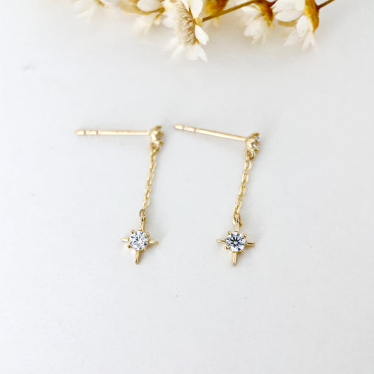 9K Solid Gold Small Dangle Diamond Star Drop Earrings