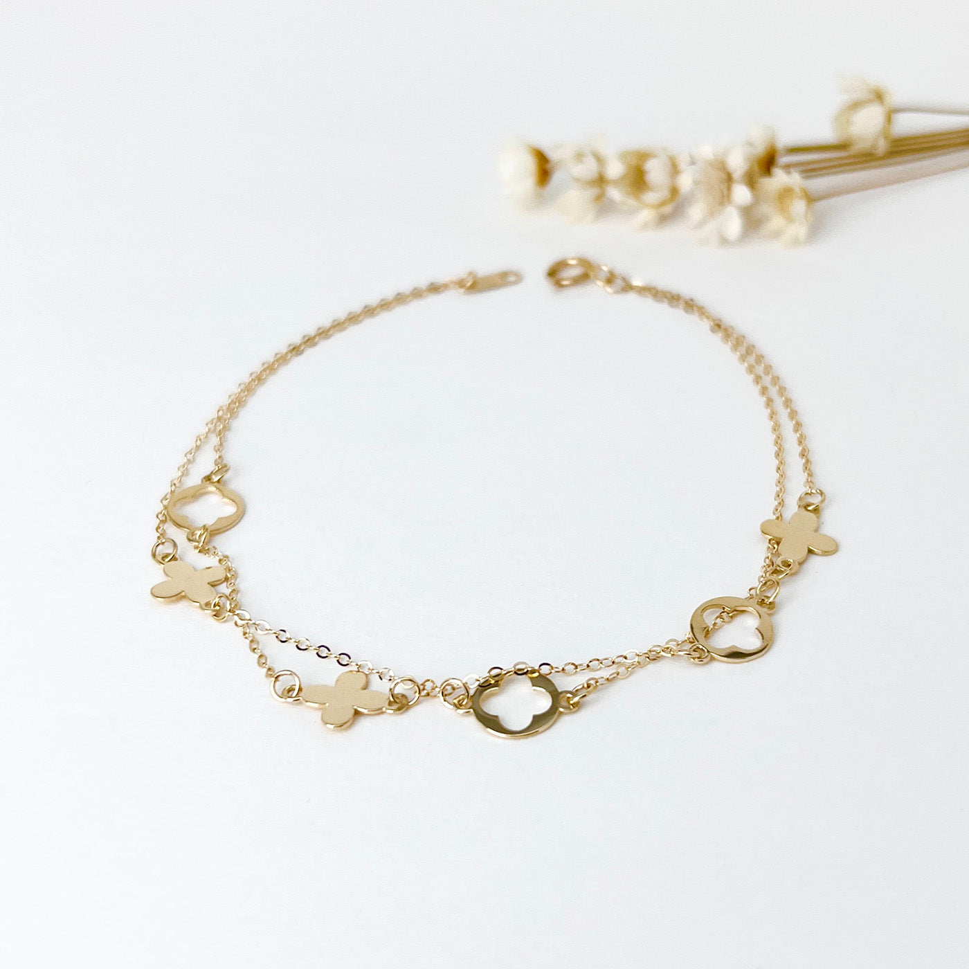 14K Solid Gold Dainty Flower Charms Bracelet