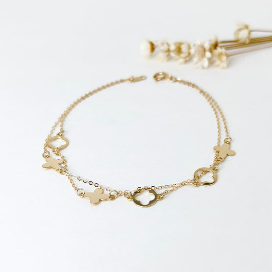 14K Solid Gold Dainty Flower Charms Bracelet