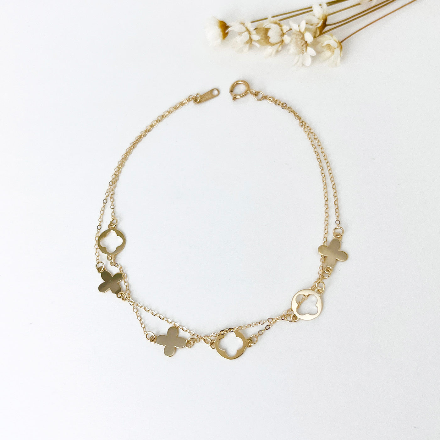 14K Solid Gold Dainty Flower Charms Bracelet