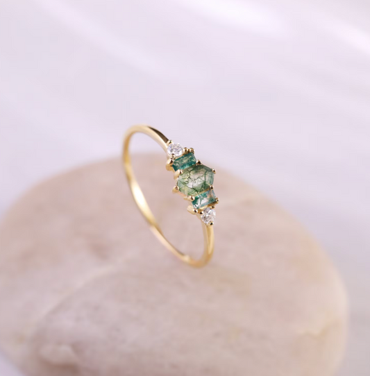 14K Solid Gold Moss Agate with Moissanite Ring, Solid Gold Hexagon Moss Agate Ring,Gold Gemstone Ring, Delicate Thin Band Ring,Gift for Her.