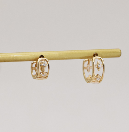 10K Solid Gold flower huggie earrings, Solid Gold Clover hoop earrings