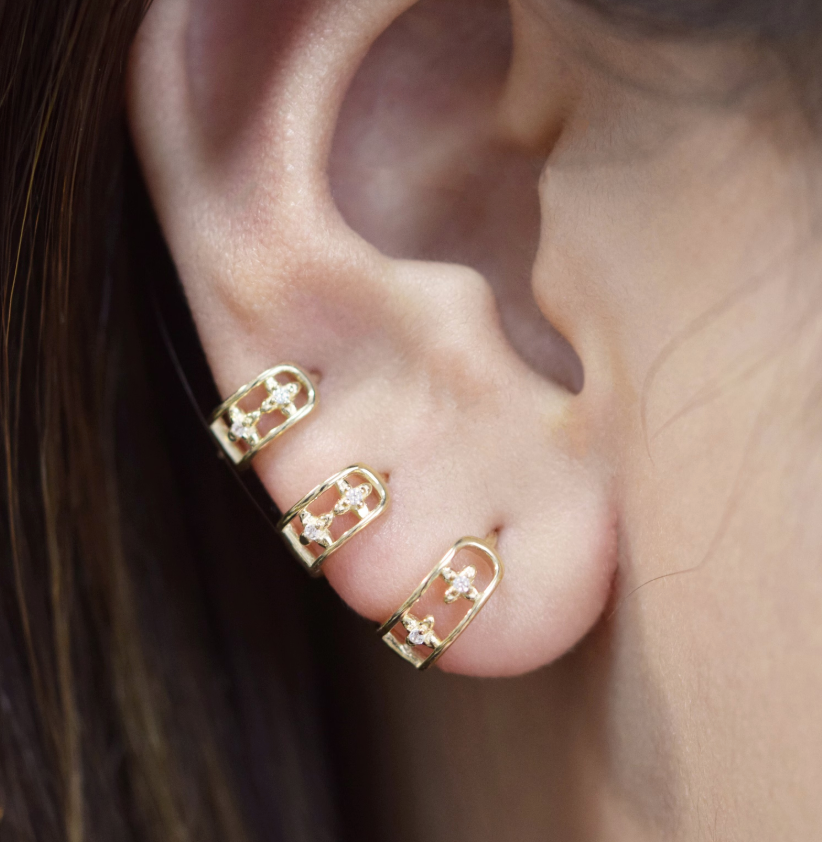 10K Solid Gold flower huggie earrings, Solid Gold Clover hoop earrings