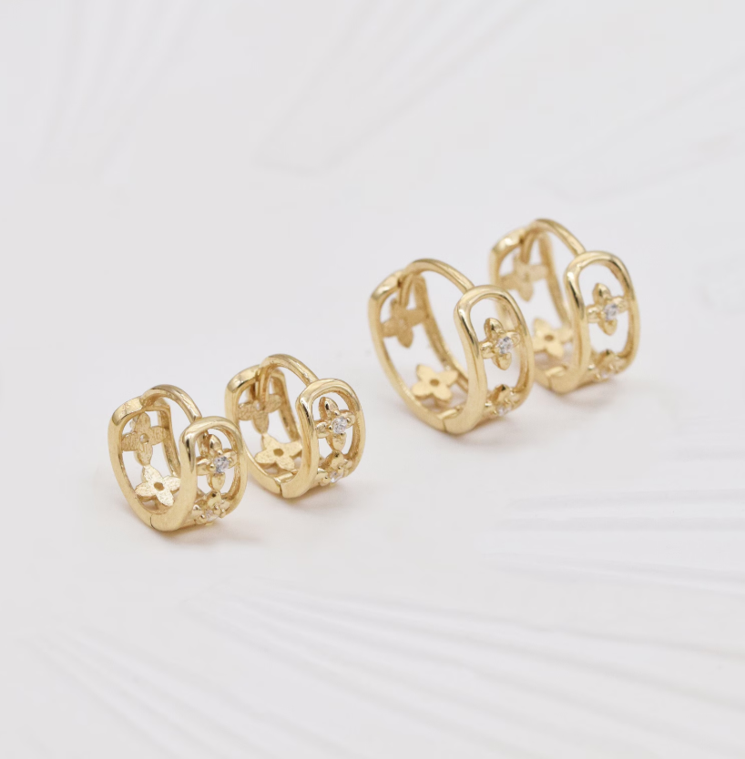 10K Solid Gold flower huggie earrings, Solid Gold Clover hoop earrings