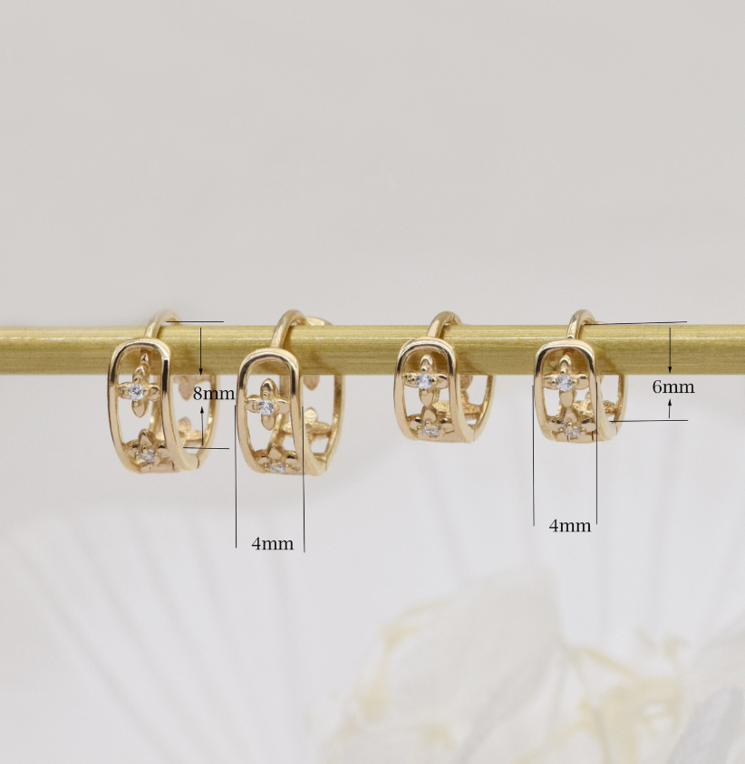 10K Solid Gold flower huggie earrings, Solid Gold Clover hoop earrings