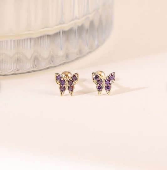 14K Solid Gold Tiny Amethyst Butterfly Stud Earring, Gold Cubic Zirconia Screw Ball Stud, Dainty Gemstone Butterfly Earlobe Cartilage Stud