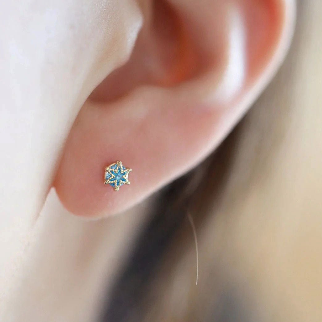 14K Solid Gold Delicate Blue Topaz Snowflake Stud Earrings