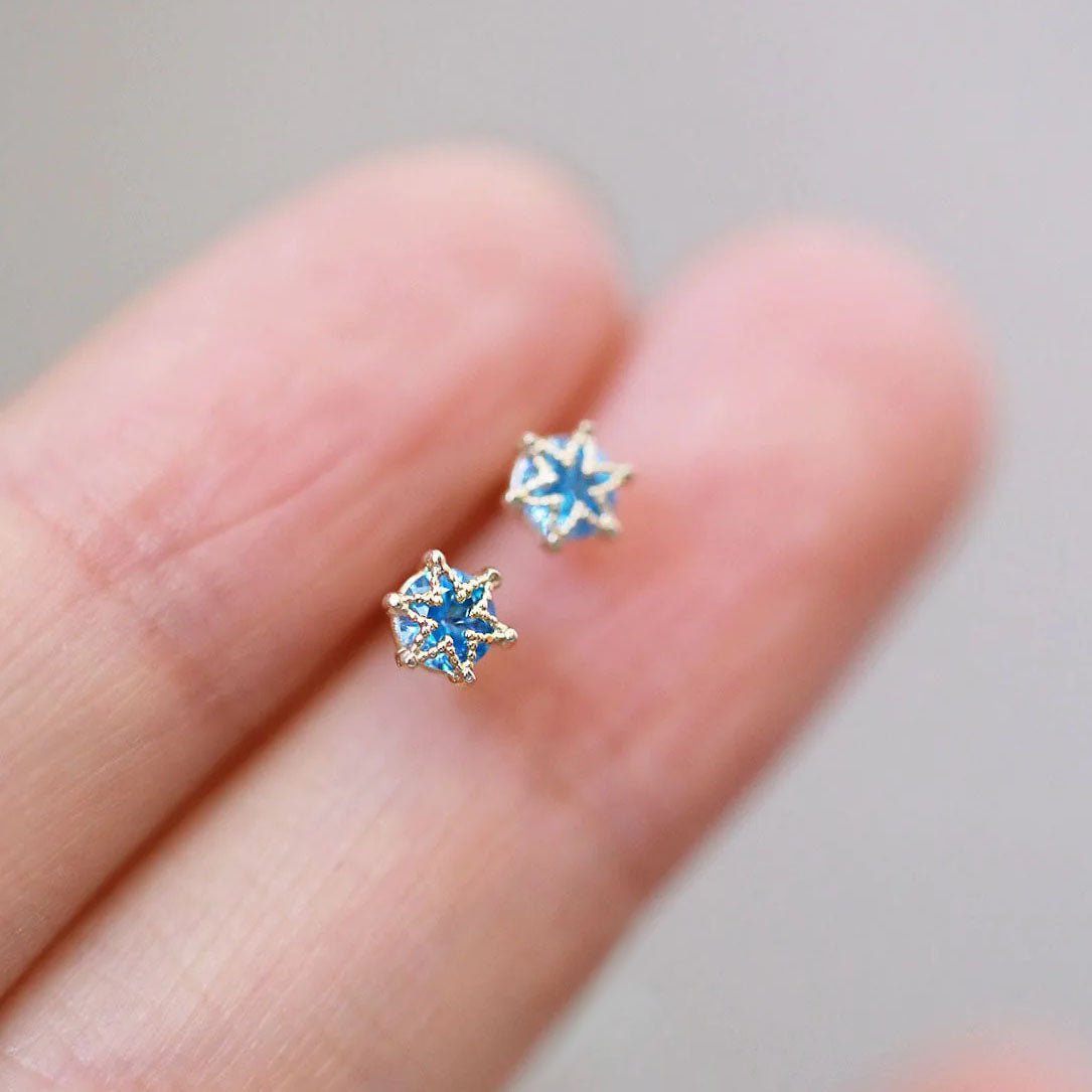 14K Solid Gold Delicate Blue Topaz Snowflake Stud Earrings