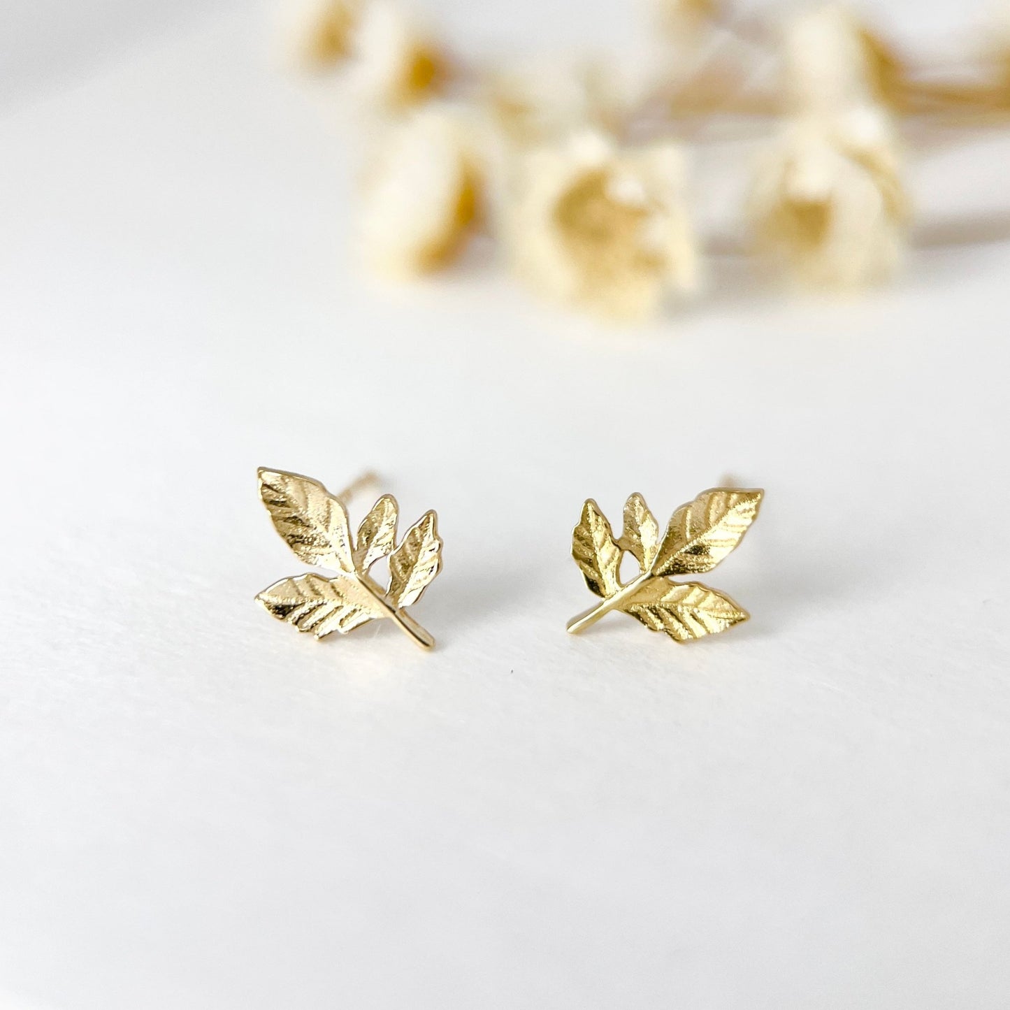9K Solid Gold Leaves Stud Earrings