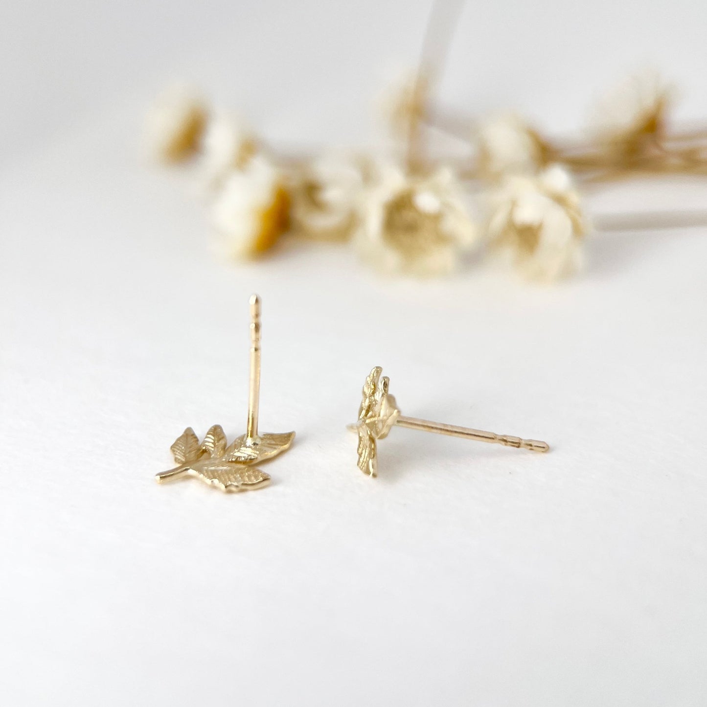 9K Solid Gold Leaves Stud Earrings