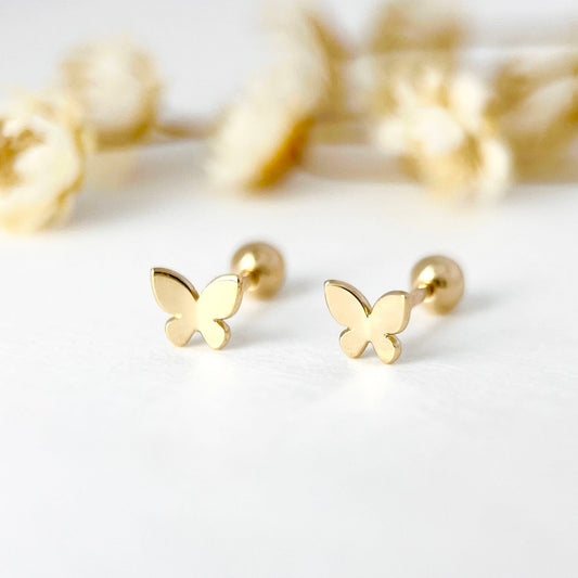 14K Solid Gold Screw Back Butterfly Earrings