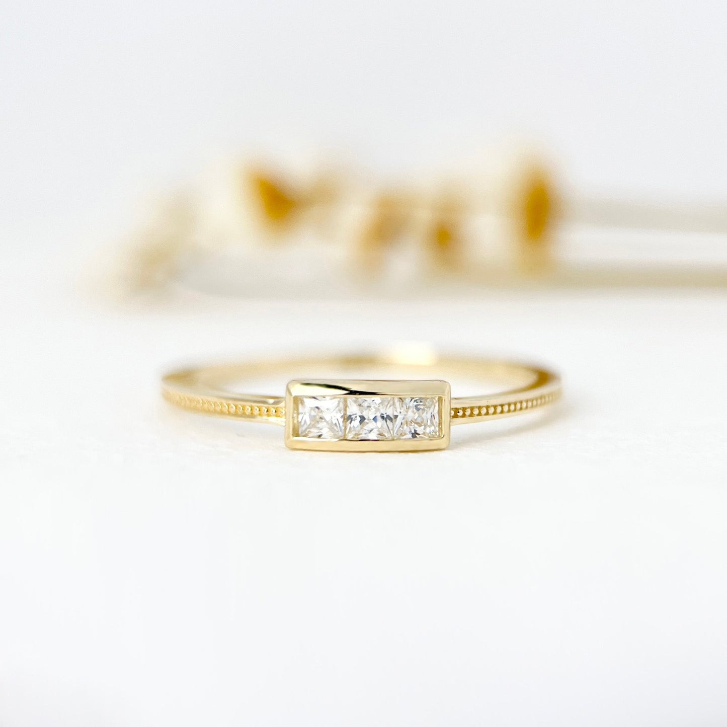 9K Solid Gold Bezel Setting Three Stones Stackable Dainty Ring