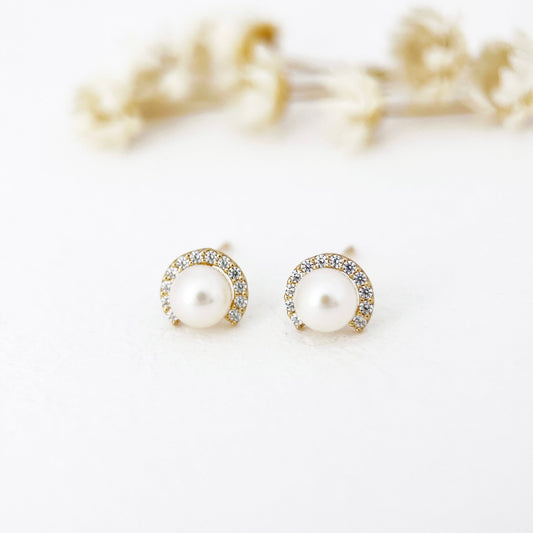 9K Solid Gold Natural Peal Half Circle Diamond Pace Stud Earrings