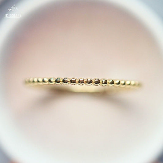 14K Solid Gold Dainty Stackable Beaded Ring Band