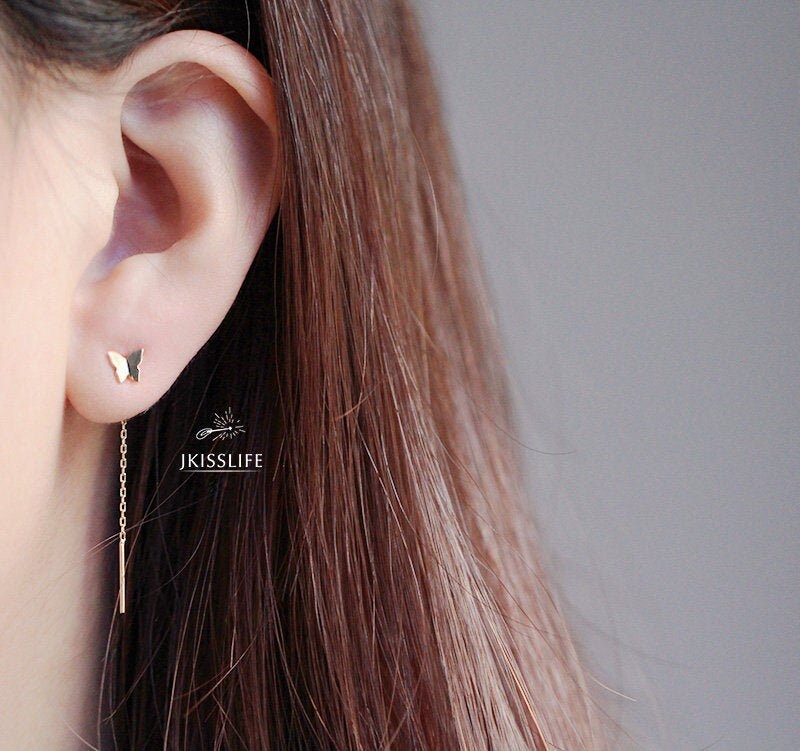 14K Solid Gold Butterfly Threader Drop Dangle Earrings
