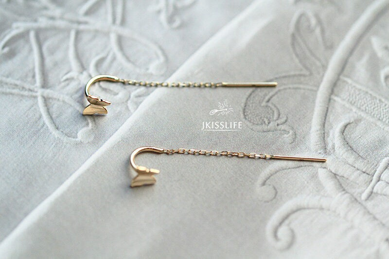 14K Solid Gold Butterfly Threader Drop Dangle Earrings