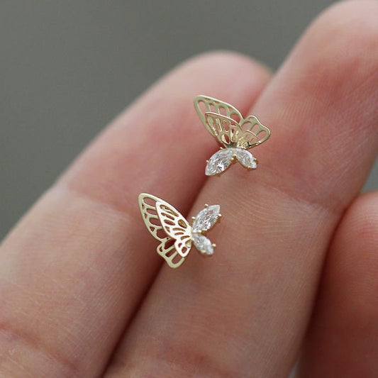 Solid Gold Butterfly Stud Earrings, 9K Real Gold Delicate Butterly Stud Earrings, 9K Gold Piercing Earlobe Earrings, Gift for Her