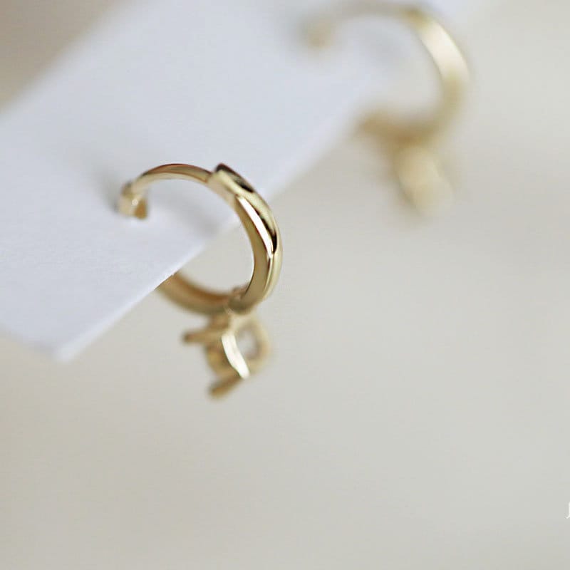 14K Real Solid Gold Round Brilliant Solitaire Gem Small Hoop Earrings