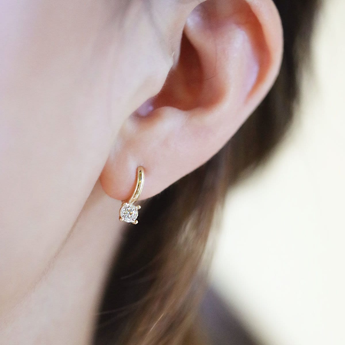 14K Real Solid Gold Round Brilliant Solitaire Gem Small Hoop Earrings