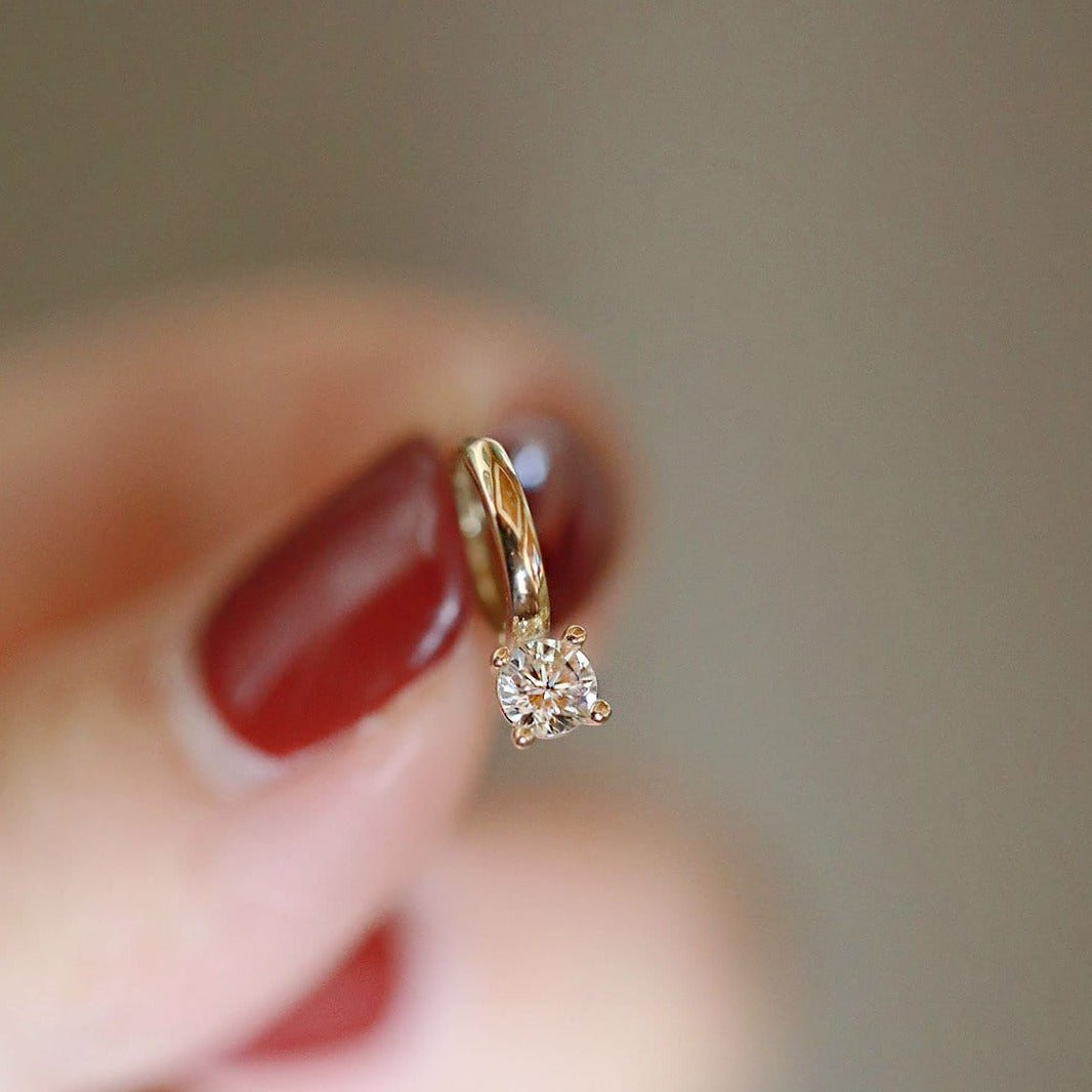 14K Real Solid Gold Round Brilliant Solitaire Gem Small Hoop Earrings