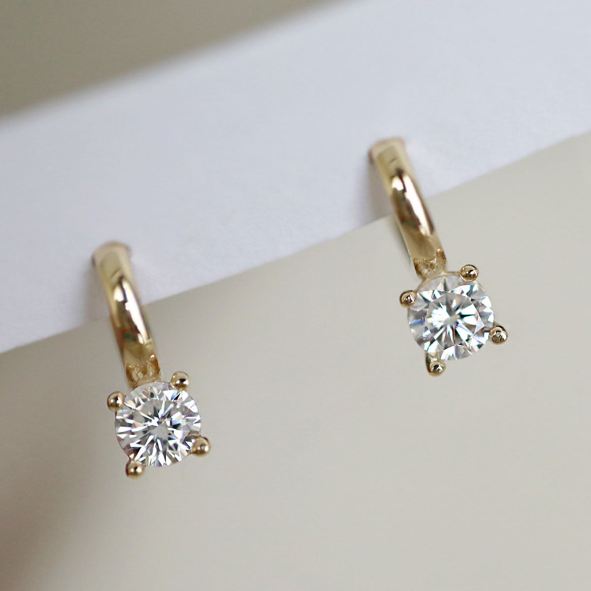 14K Real Solid Gold Round Brilliant Solitaire Gem Small Hoop Earrings