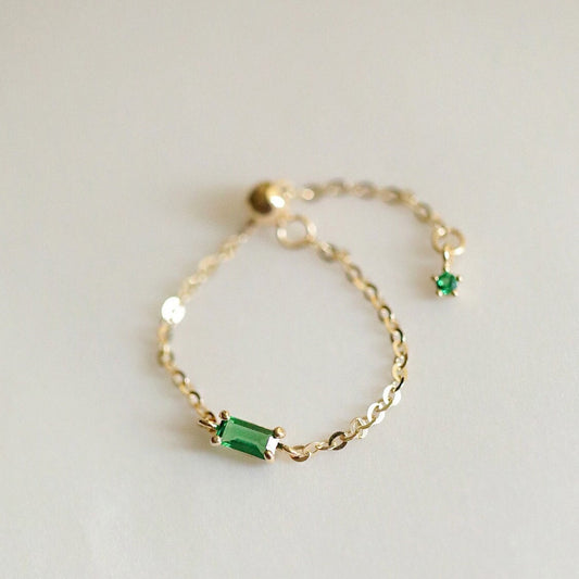 14K Solid Gold Baguette Emerald Chain Ring