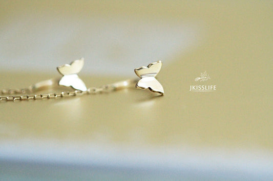 14K Solid Gold Butterfly Threader Drop Dangle Earrings