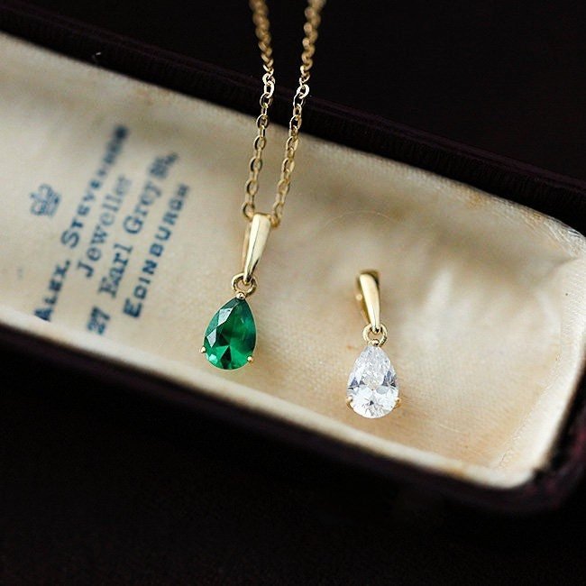 9K Solid Gold Pear Shape Green Emerald/ White Crystal Necklace Charm