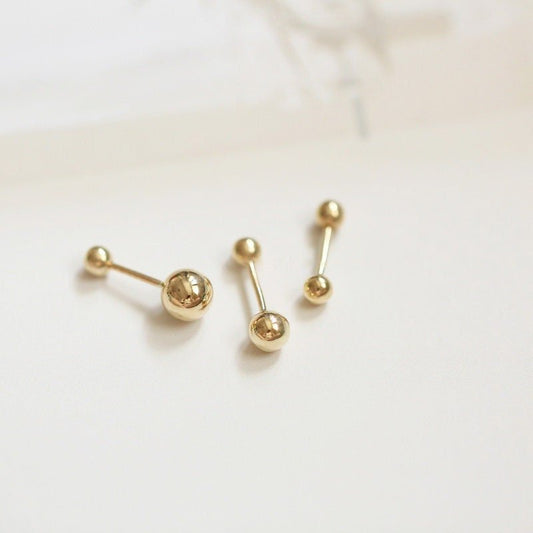 14K Solid Gold Balls Screw Back Single Stud Earring