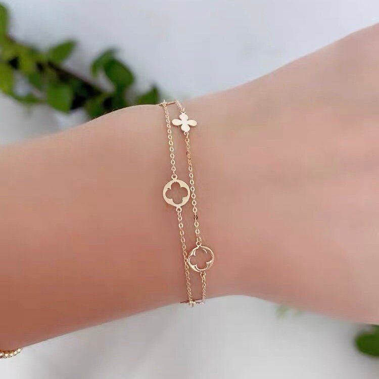 14K Solid Gold Dainty Flower Charms Bracelet