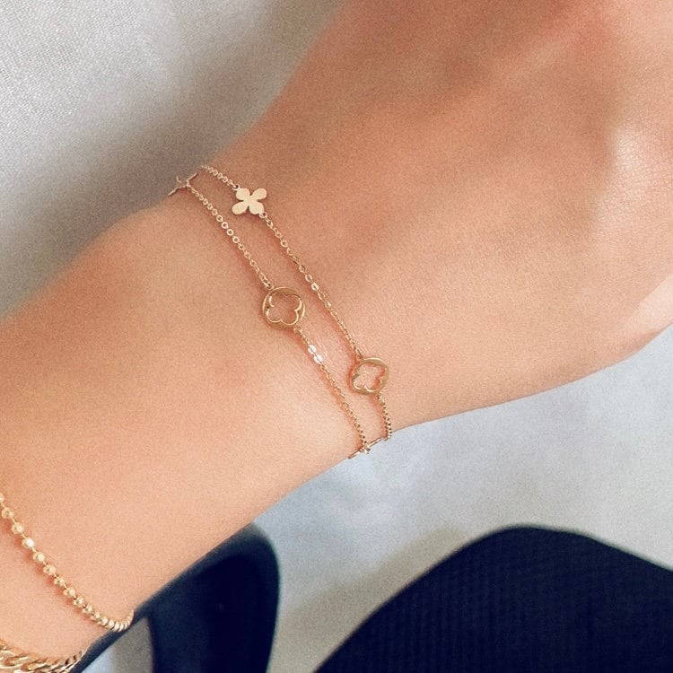 14K Solid Gold Dainty Flower Charms Bracelet