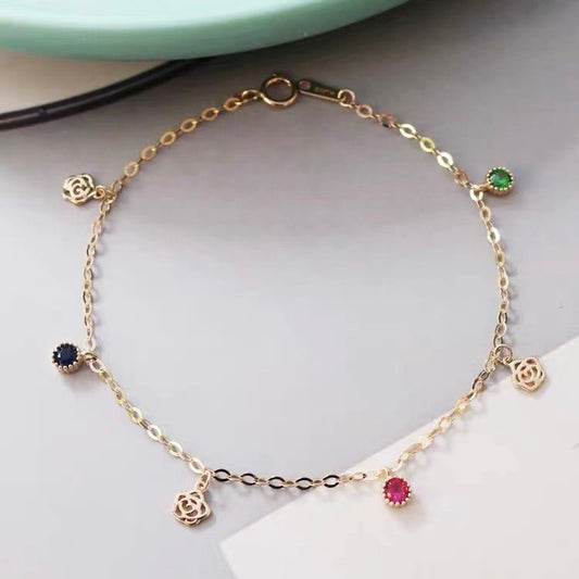 14K Solid Gold CZ Diamond Bracelet, Gold Chain Bracelet with Colorful Stone, Dainty Gold Bracelet, Gift for Her