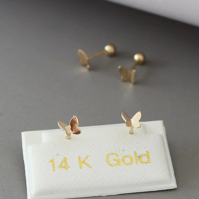 14K Solid Gold Screw Back Butterfly Earrings